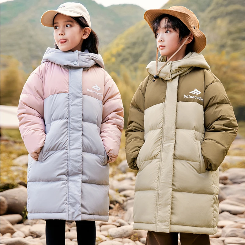 2025新款正品加厚女童中长款中大童撞色羽绒服冬季男童儿童外套潮