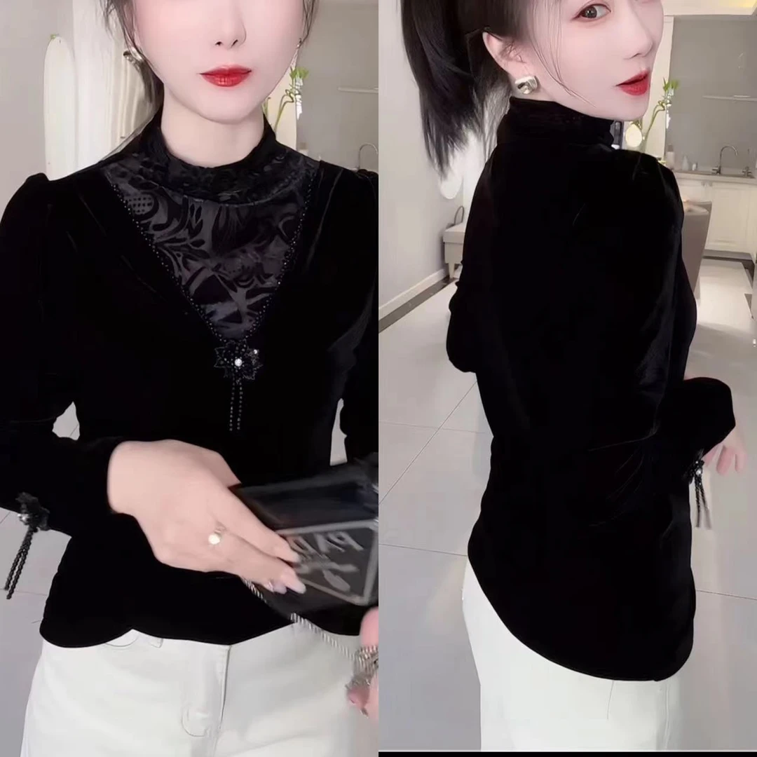 时尚半高领拼接丝绒衫