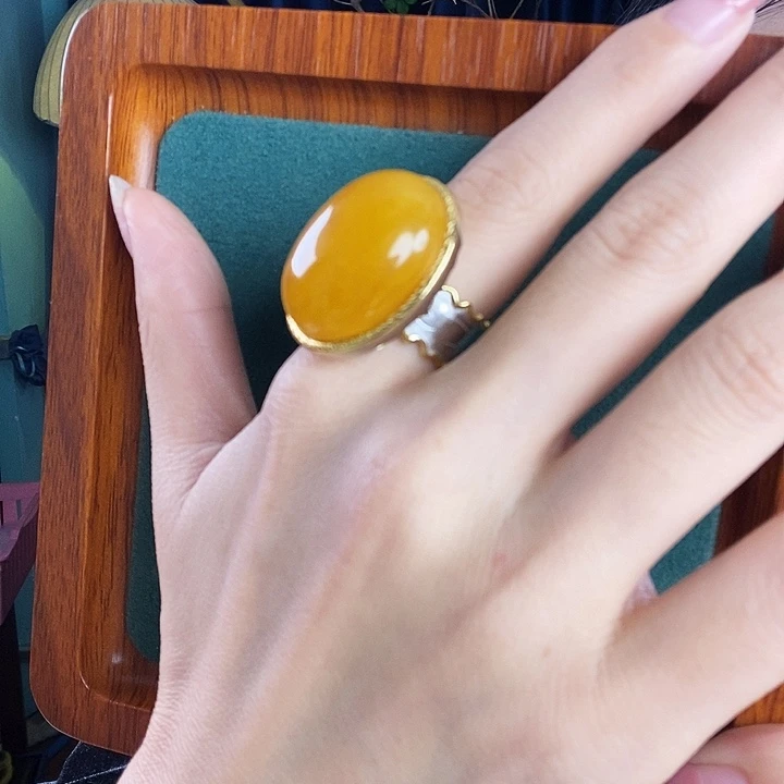 银S925镶嵌蜜蜡戒指戒指