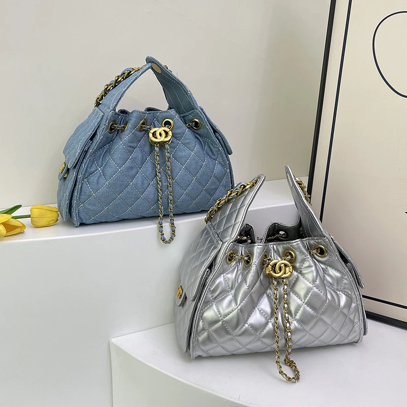 小香风简约菱格链条单肩水桶包包女士2025夏季新款斜挎包