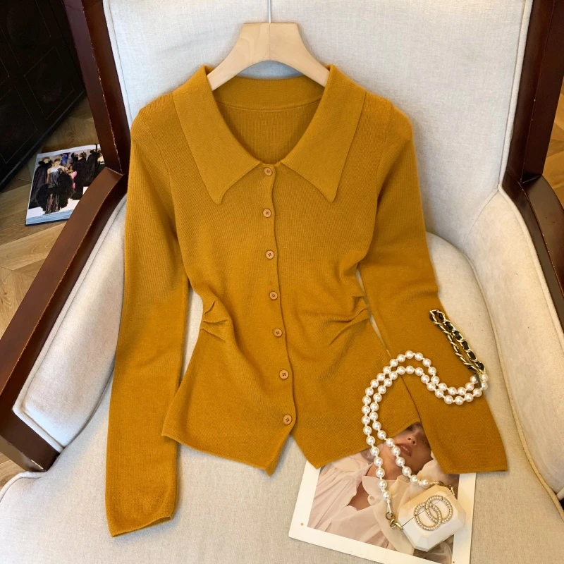 ZB#时尚洋气Polo领长袖纯色针织衫秋冬新款法式修身显瘦褶皱上衣