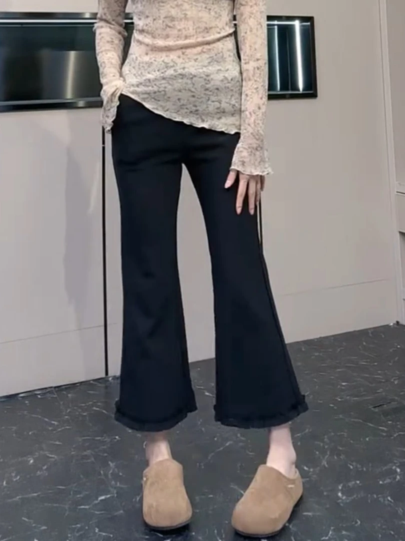 秋季新款弹力修身花边微喇休闲裤女梨形大码百搭显瘦九分喇叭裤子