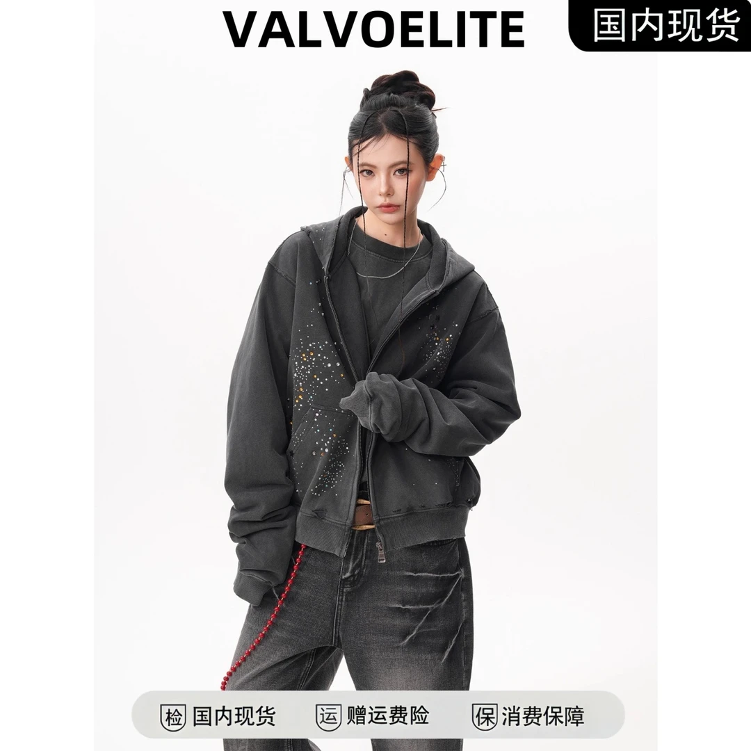 原创设计满天星烫钻卫衣男水洗设计感做旧破坏慵懒风水洗做旧连帽