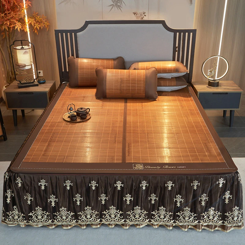 高档竹席凉席套件夏季可拆卸蕾丝床裙款竹子席子双面冰藤席可折叠