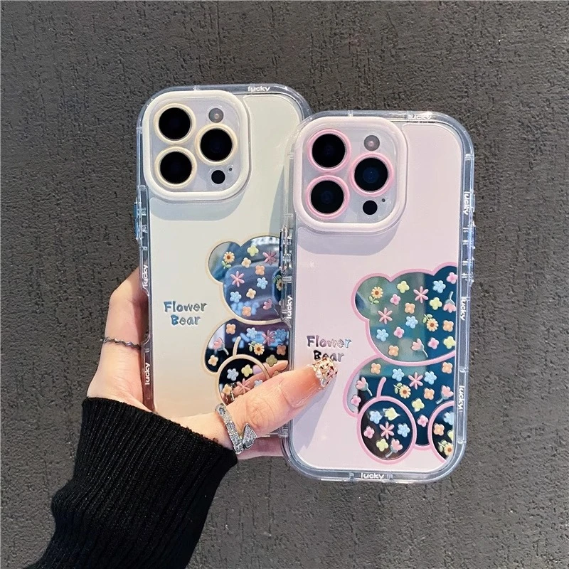镂空花朵熊新款适用苹果16手机壳新款华为vivo镜面奶油小米15OPPO