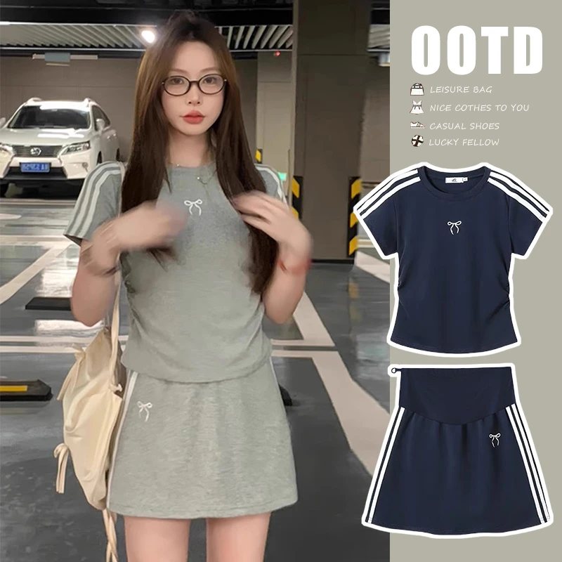 L133#5.24蝴蝶结刺绣褶皱孕妈收腰撞色休闲上衣托腹短裙两件套