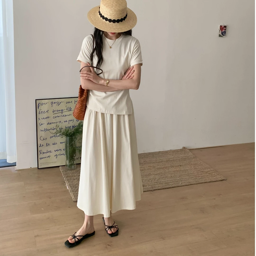 甜美收腰正肩短袖T恤女夏季新款圆领上衣慵懒风小个子套装A字裙