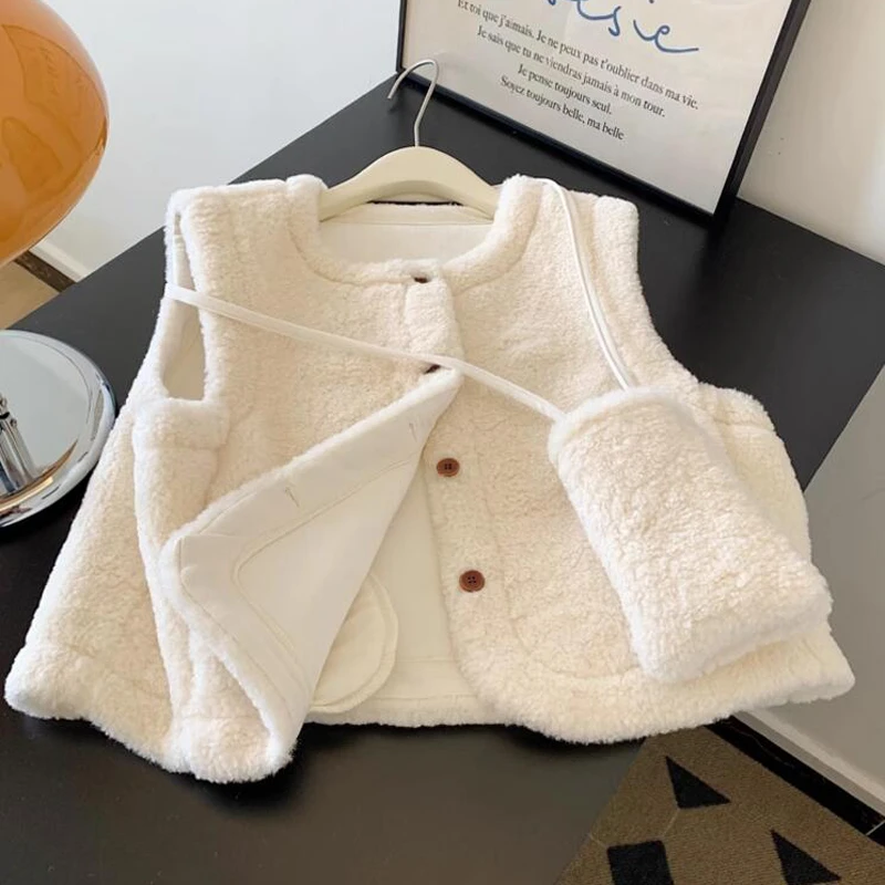 仿羊羔绒小香风皮毛一体马甲秋冬叠穿背心马夹坎肩女款小个子外穿