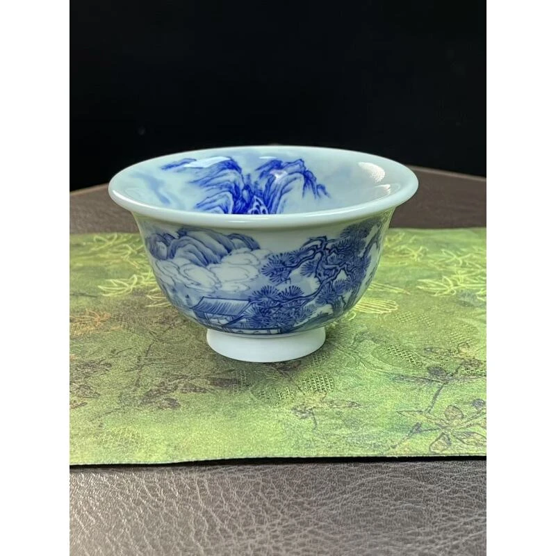 景德镇釉下彩青花手工胎手绘陶瓷茶具杯子压手杯山水120ml