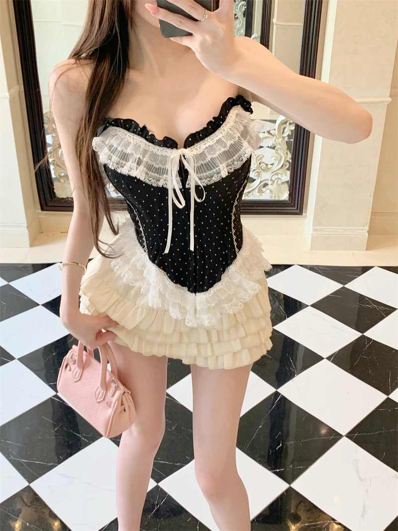 【古董doll】2025秋季纯欲蕾丝波点胸衣多层纱花边辣妹系绳抹胸上衣