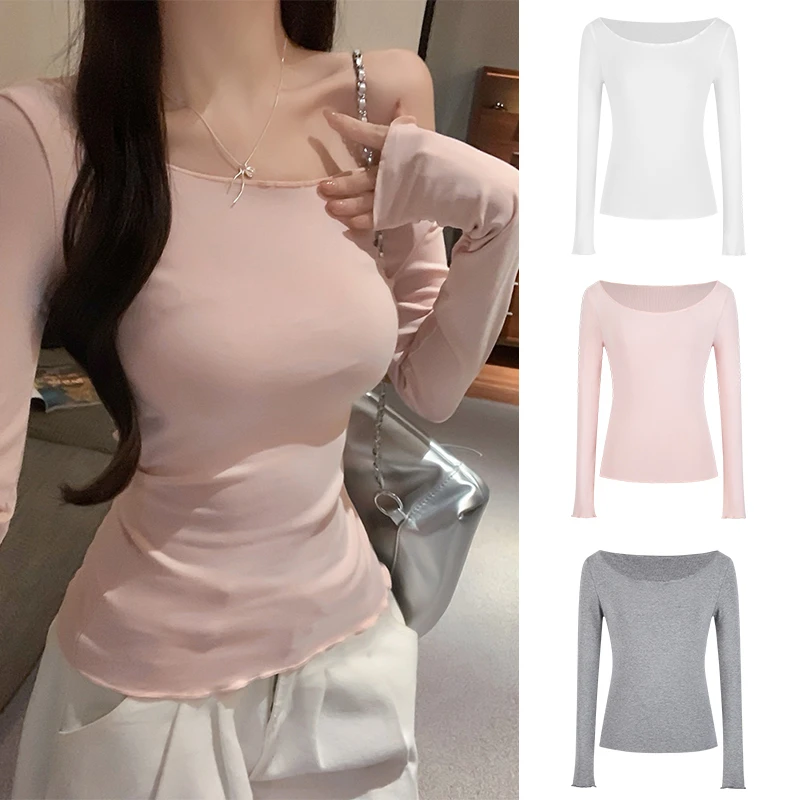 Moses Queen/魔西女王木耳边早春大领多穿法斜肩打底T一字肩上衣