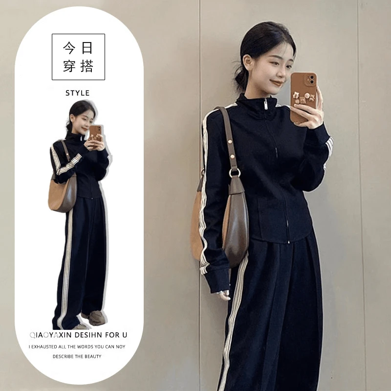 大码胖mm辣妹百搭短款外套上衣女秋季套装运动高腰休闲裤子两件套