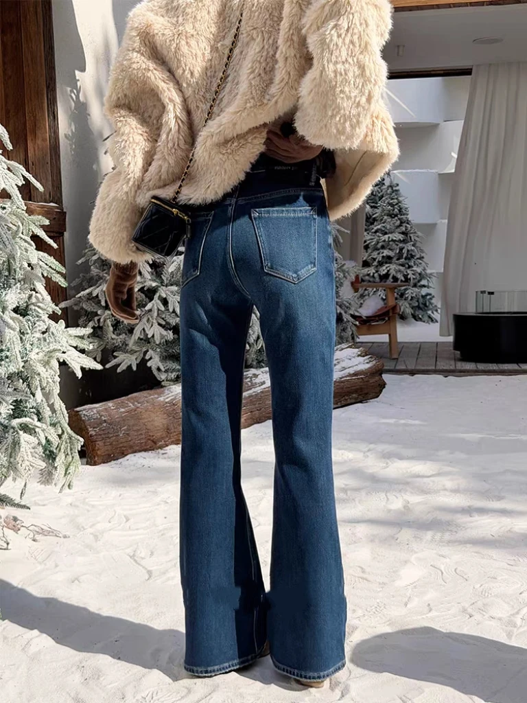 SU【360】代G 愫敏 冬款特绒喇叭牛仔裤高腰深蓝色加厚拖地裤