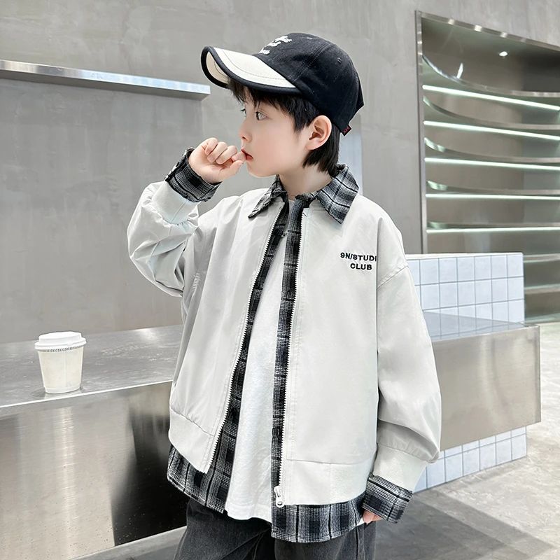 男童外套9-12岁潮款中大童假两件潮牌宽松休闲百搭假两件棒球服