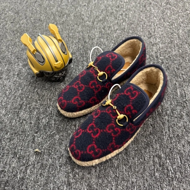 99新 GUCCI/古驰 /38.5码/红蓝满印羊绒马衔扣一脚蹬/公价6400