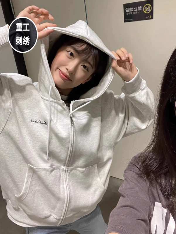 300斤加肥大码美式潮流刺绣外套女秋冬加绒加厚舒适开衫卫衣男士