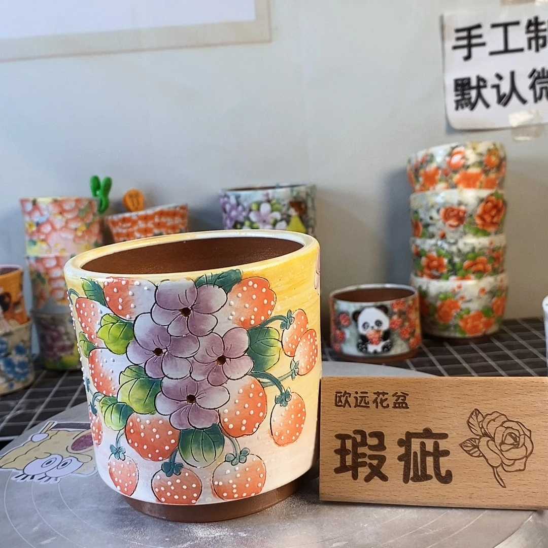 紫砂花盆红陶手绘花盆