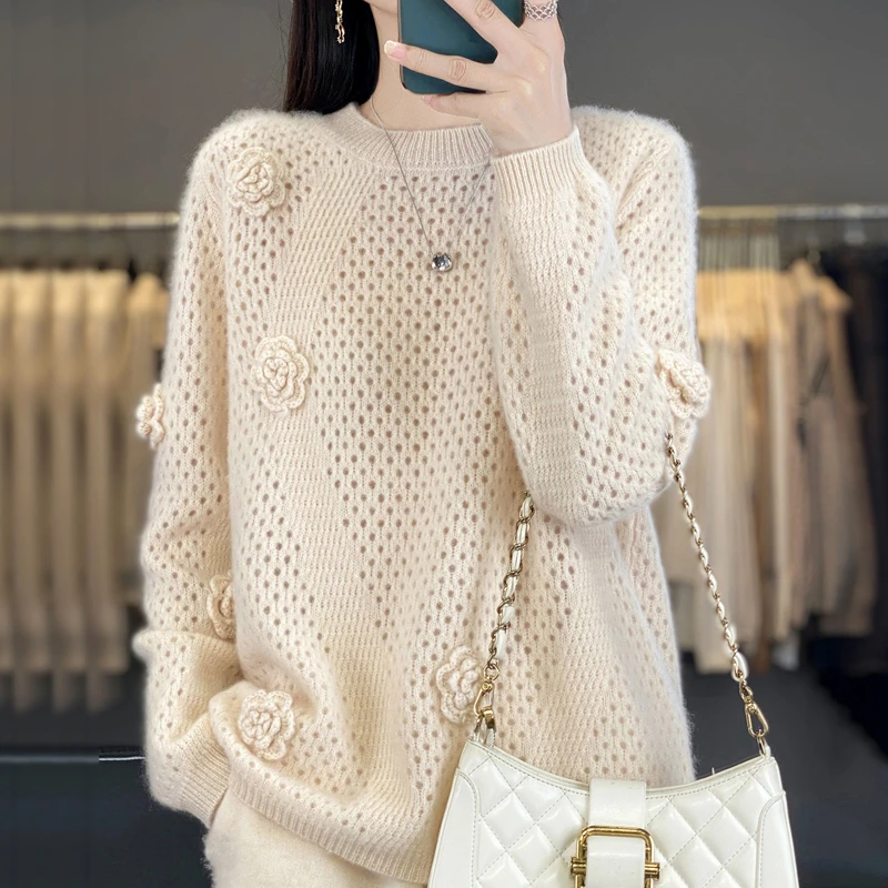 100纯羊毛 加厚女圆领立体刺绣花朵针织毛衣宽松甜美打底