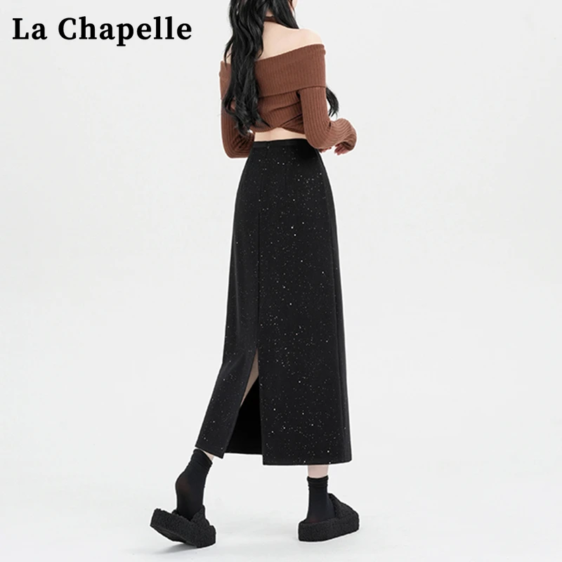 拉夏贝尔黑色过年毛呢半身裙女秋冬款2025新款包臀亮片长裙子高腰