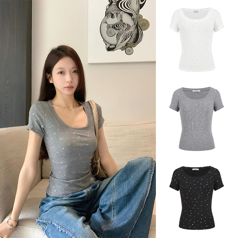 Moses Queen/魔西女王甜辣妹性感锁骨U领短袖烫钻T恤掐腰紧身上衣