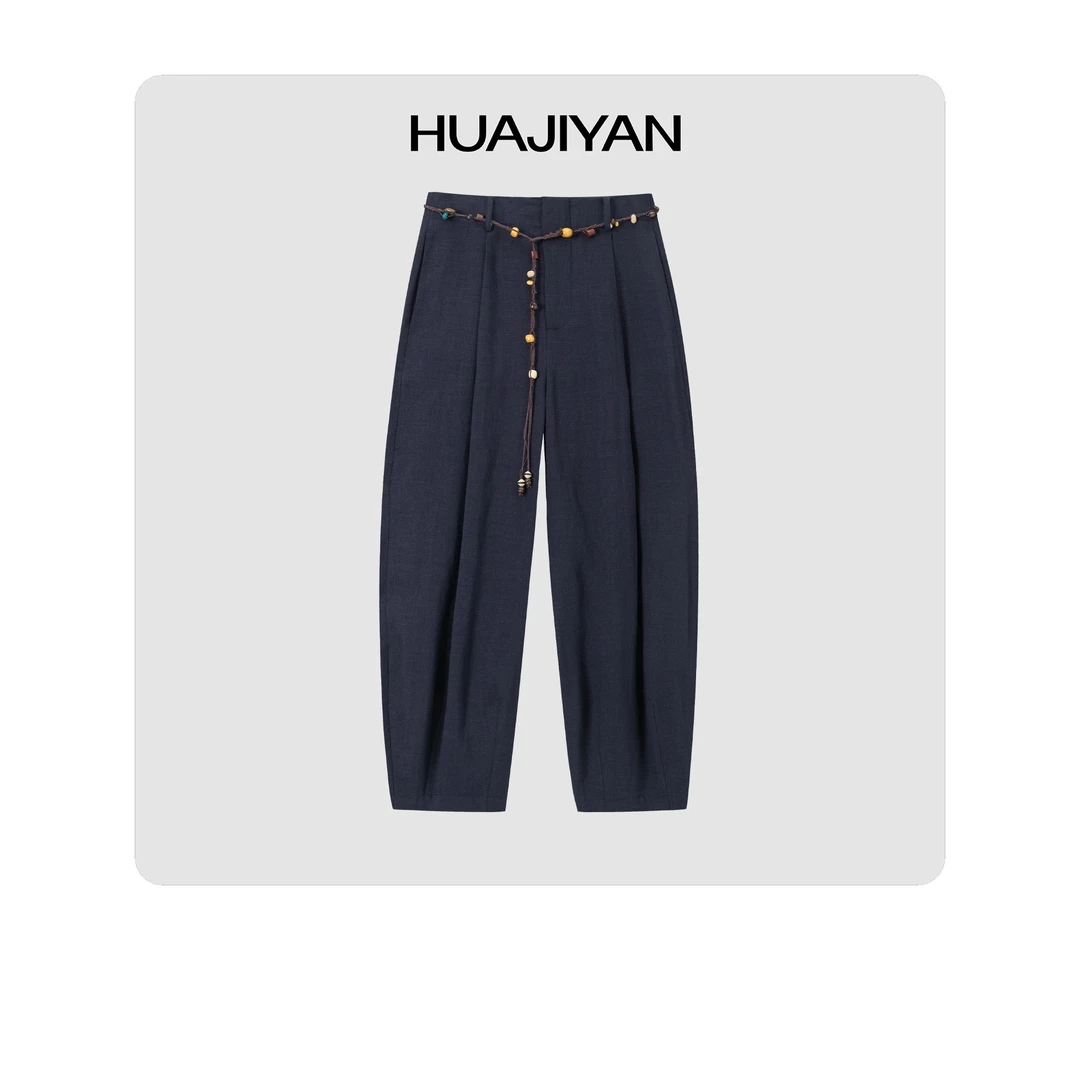 华吉言/HUAJIYAN【缠枝】天丝麻混纺手工编织腰绳设计休闲裤