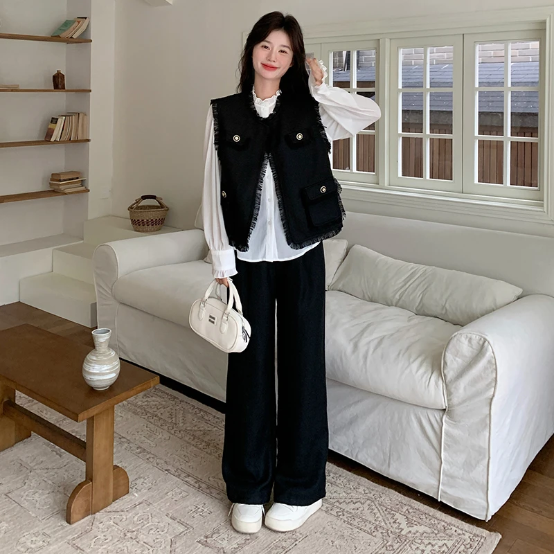 黑色高级感小香风套装女2025年春秋新款气质马甲衬衫阔腿裤三件套