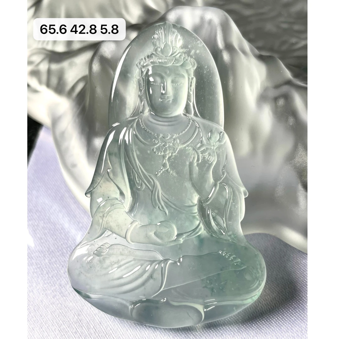 天然a货缅甸翡翠玻璃种蓝底观音吊坠