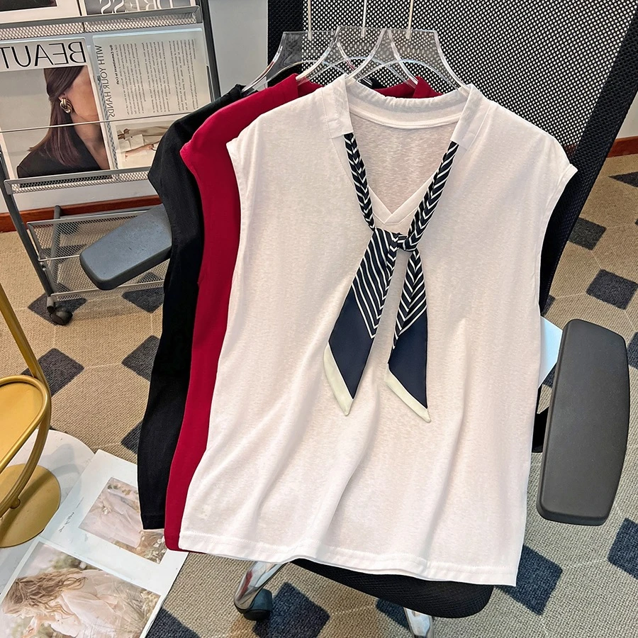 法式洋气V领丝巾短袖T恤女2025夏季新款宽松百搭显瘦减龄上衣