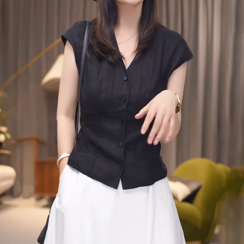 夏季法式V领小衫女款衬衫修身显瘦短袖上衣显瘦遮肉胖mm大码减龄
