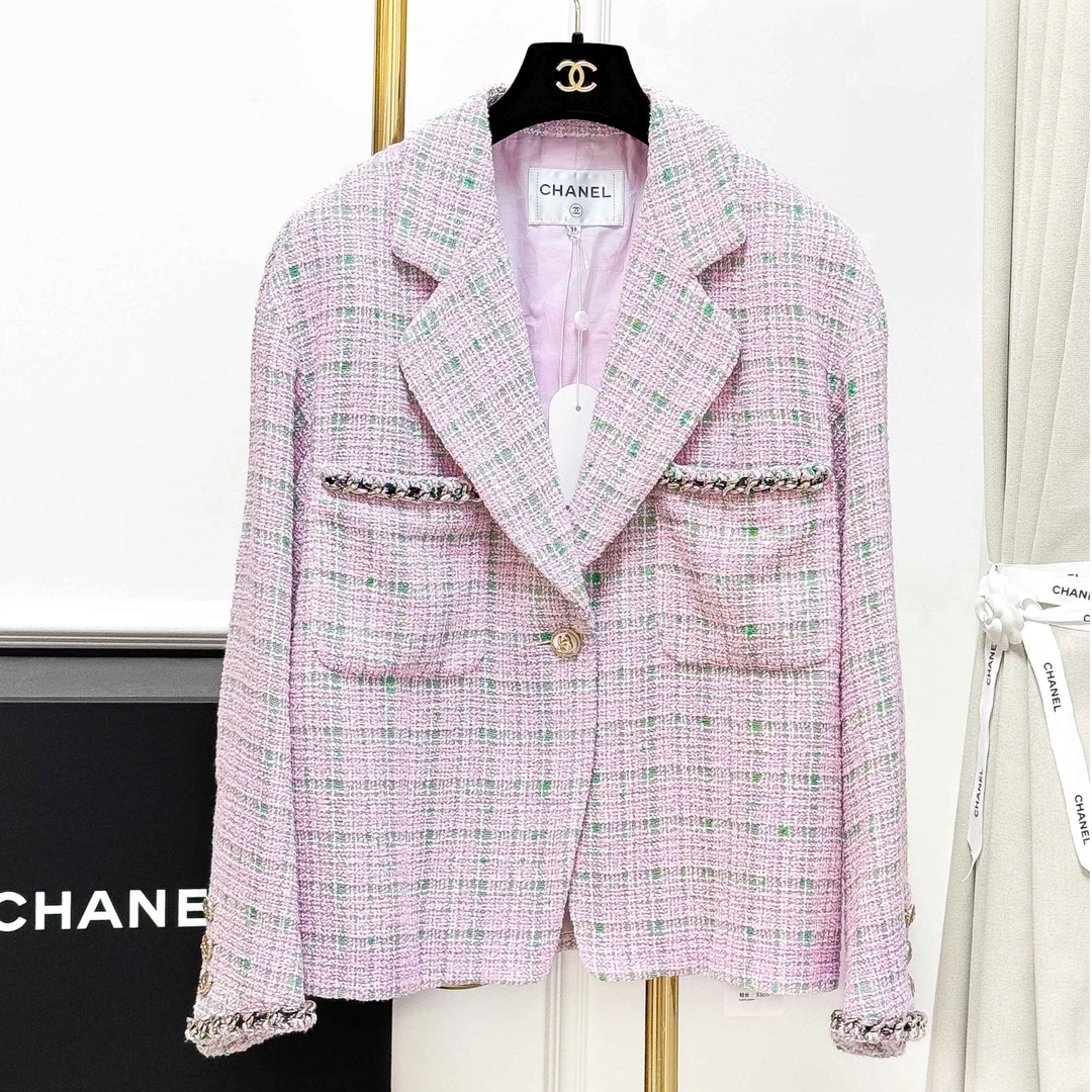99新 Chanel/香奈儿 38码21S春夏粉色拼绿色长袖编织外套