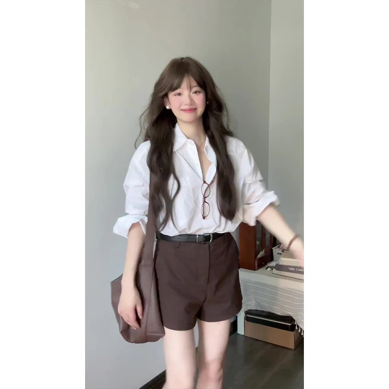 港风复古休闲宽松松弛感上衣翻领百搭衬衫女薄款外套+裤子套装