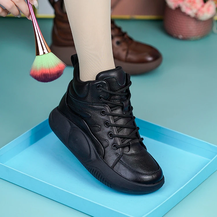 51326秋冬真皮高帮面包靴牛皮圆头平跟厚底休闲百搭系带休闲鞋