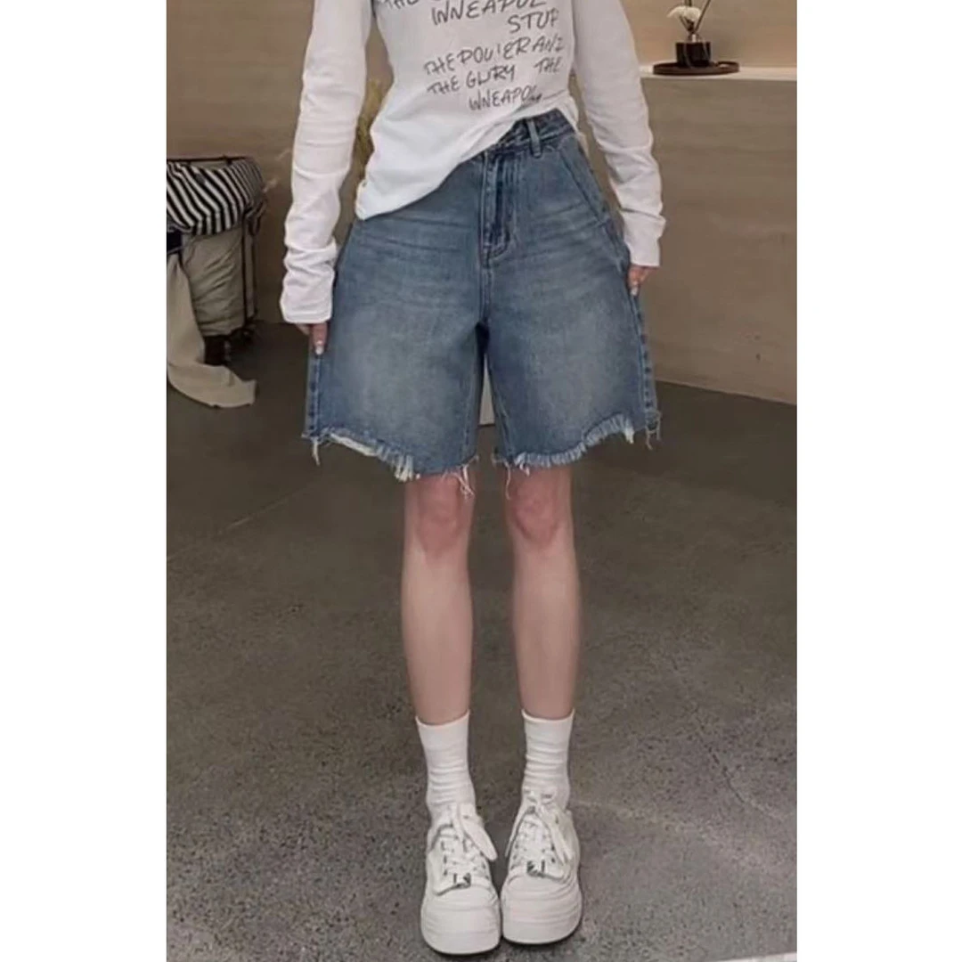 艾塔莉阔腿裤休闲风miu系女短裤牛仔裤中裤毛边夏季舒适透气显瘦