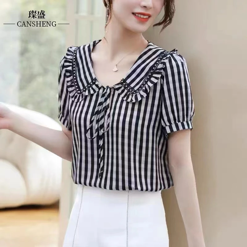 2569格子条娃娃领女短袖弹力冰丝T恤【88】