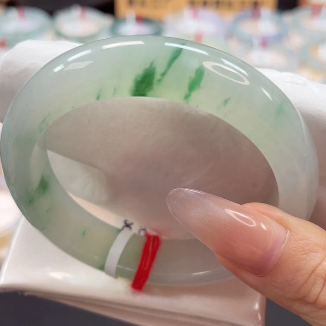 未镶嵌手镯翡翠56上新种老半山水冰胶飘丝缕绿花25号