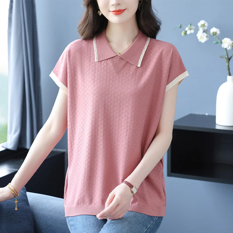 大码女装夏装薄款Polo领短袖T恤宽松显瘦百搭薄款冰丝针织衫上衣
