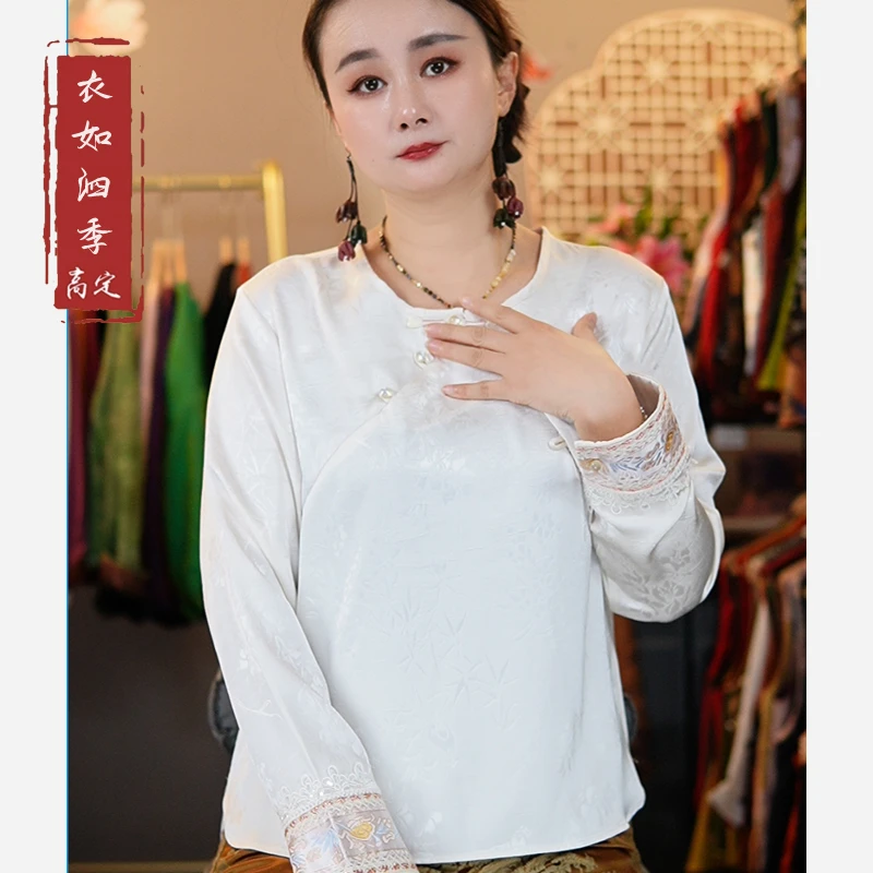 【粉竹】1683秋季新款中式国风百搭休闲宽松圆领长袖小衫