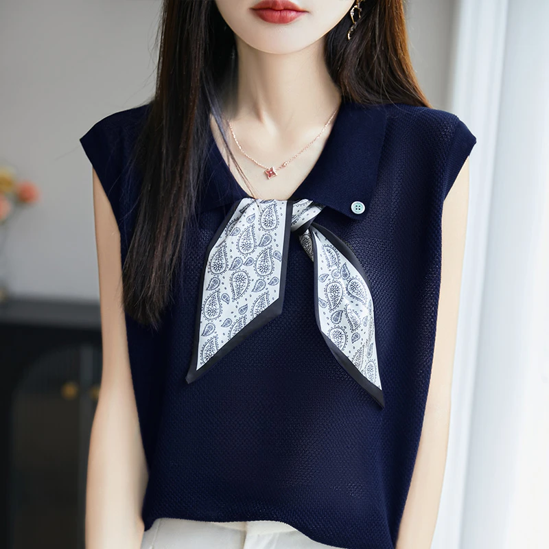 翻领丝巾系带针织衫女百搭夏季爆款背心针织上衣时尚洋气休闲服