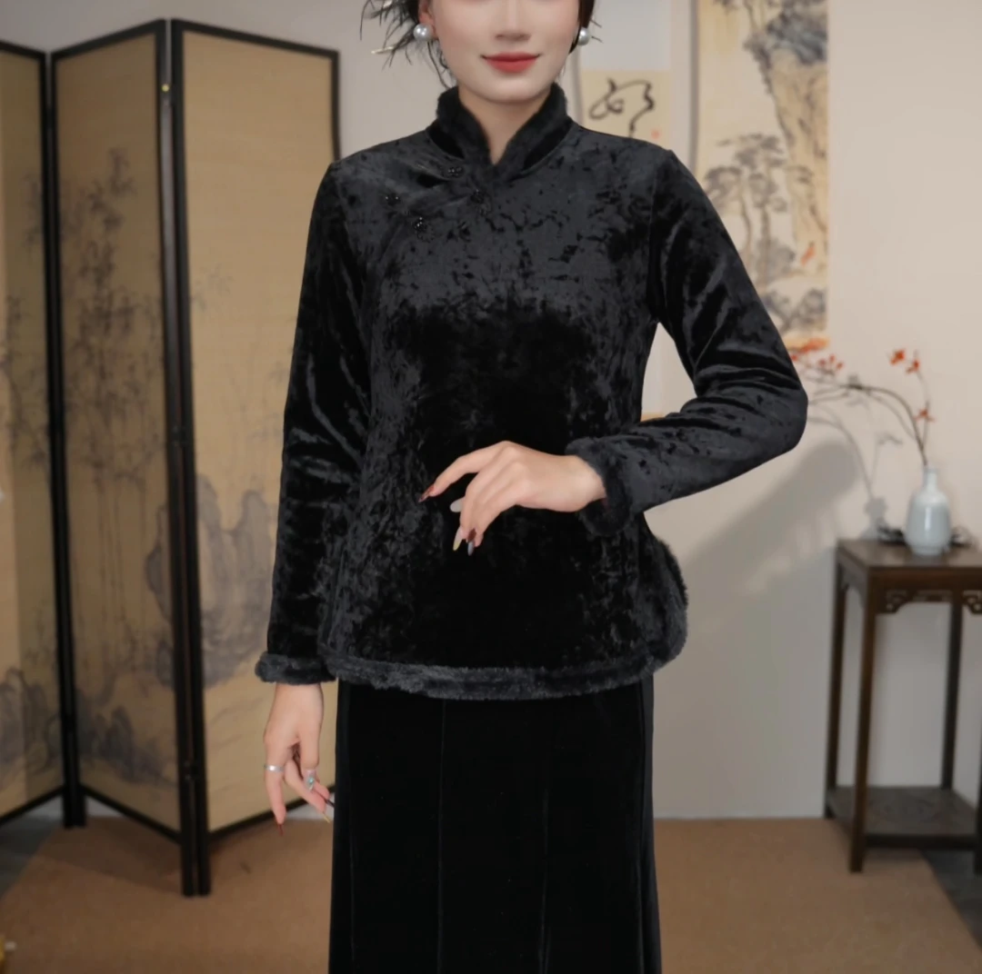 【晚颜】常规款提花加绒加厚纯色上衣ins秋冬中式加厚网红斜襟长袖