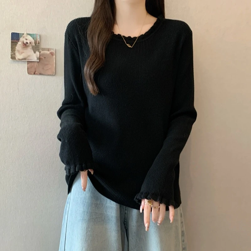 大码遮肚子木耳边针织打底衫女春秋胖MM显瘦百搭洋气长袖内搭上衣