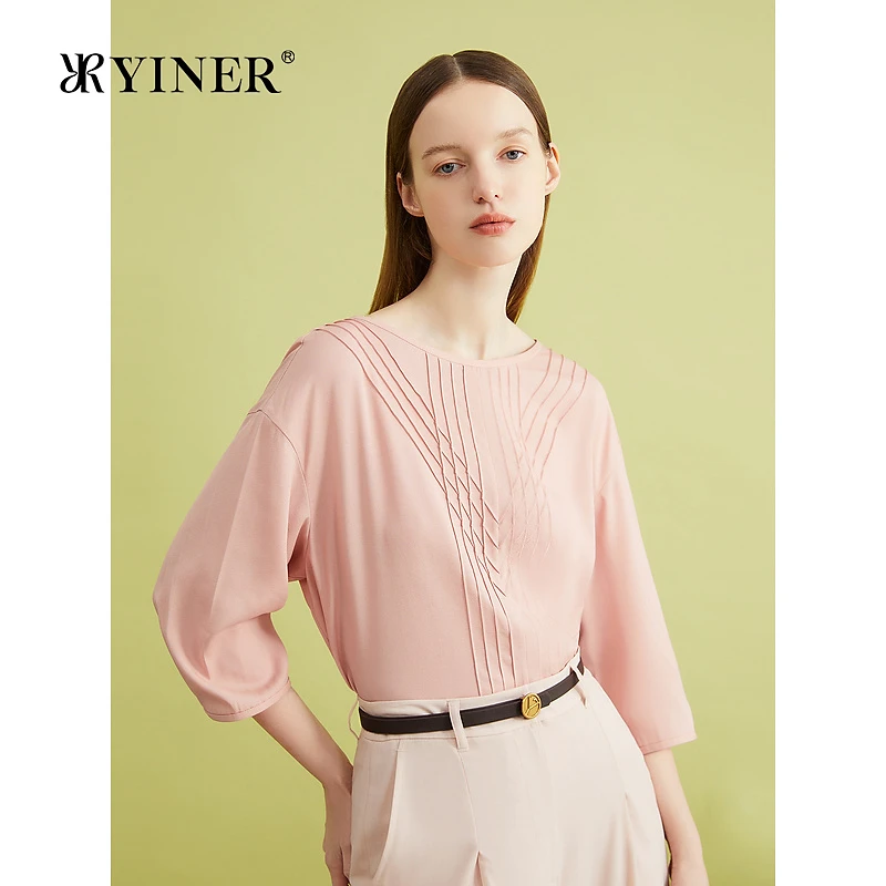 YINER音儿女装夏季法式优雅弹力真丝桑蚕丝混纺圆领衬衫上衣