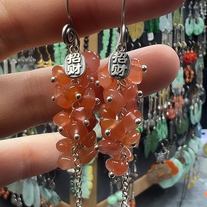 南红玛瑙银S925镶嵌耳饰