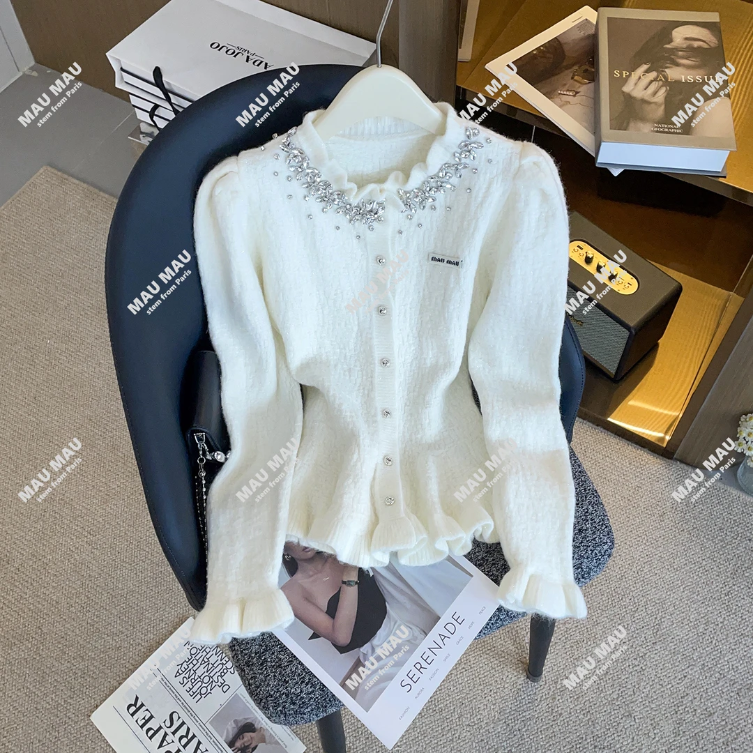 新款法式千金风镶钻装饰木耳边针织开衫DY9355