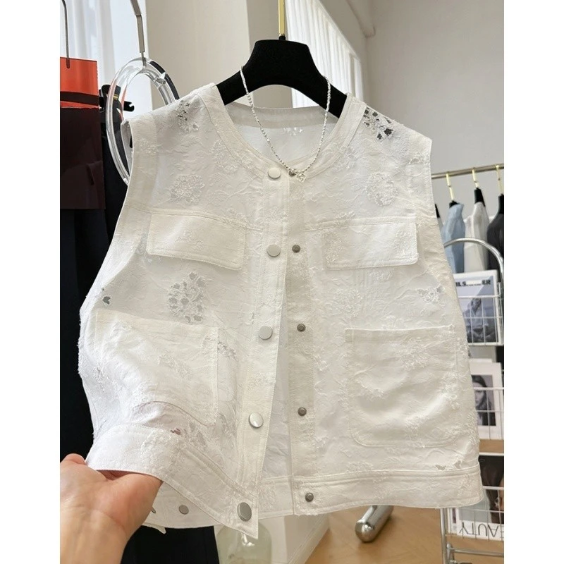 P0119高级感韩系镂空提花外穿时尚马甲女夏无袖时髦洋气坎肩上衣