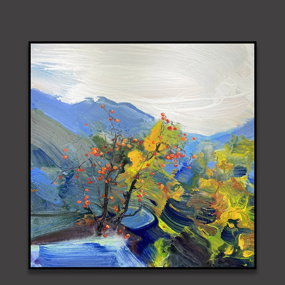 现代轻奢客厅挂画入户玄关手绘油画《屋后那颗柿子树》原作70*70cm