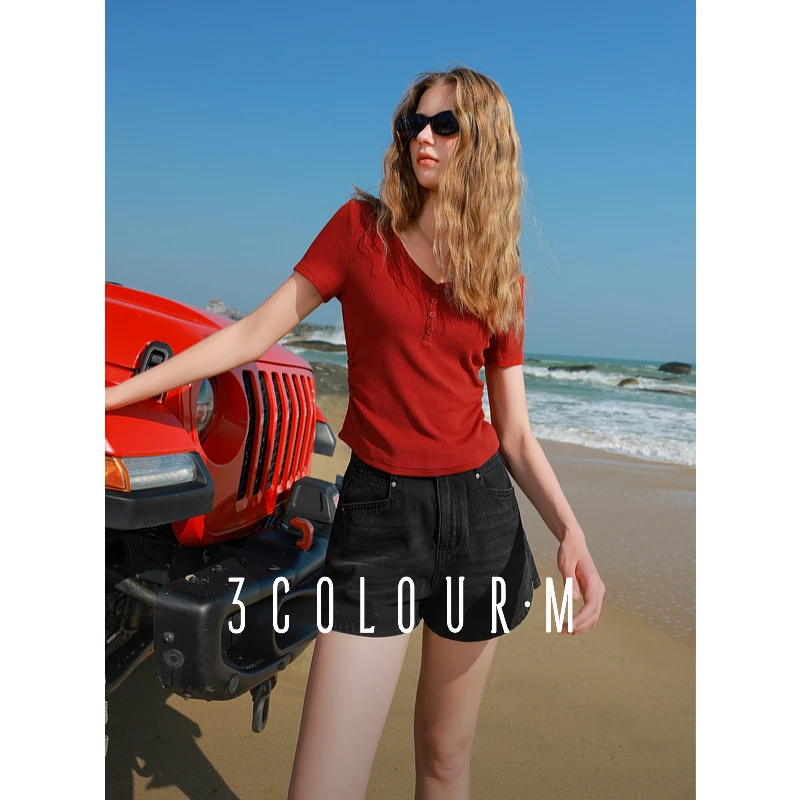 三彩2025春季新款V领T恤正肩短袖上衣修身收腰短款套头衫M