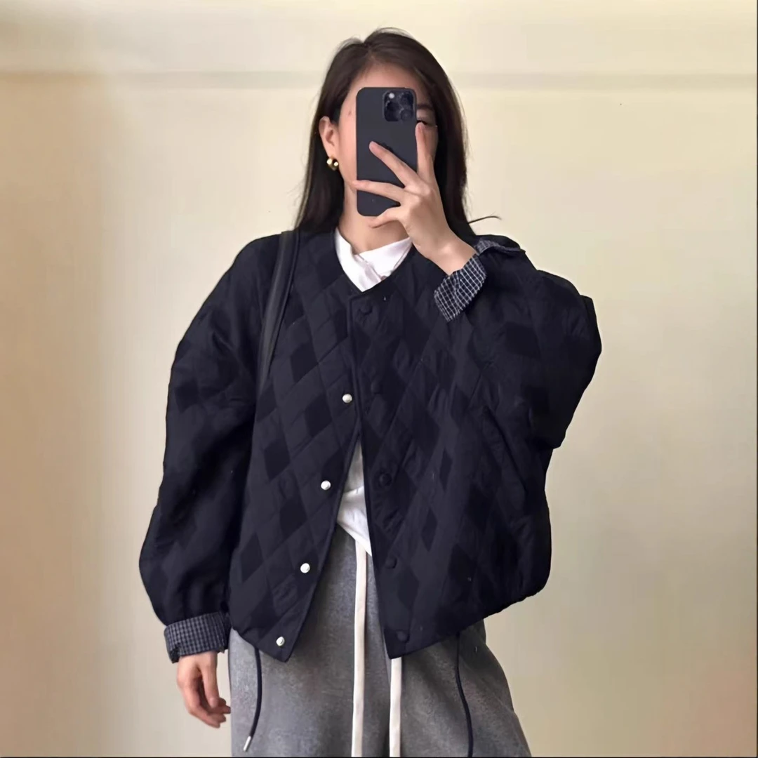 短款圆领轻薄菱格纹棉服外套女时尚秋冬新款宽松夹棉百搭夹克上衣