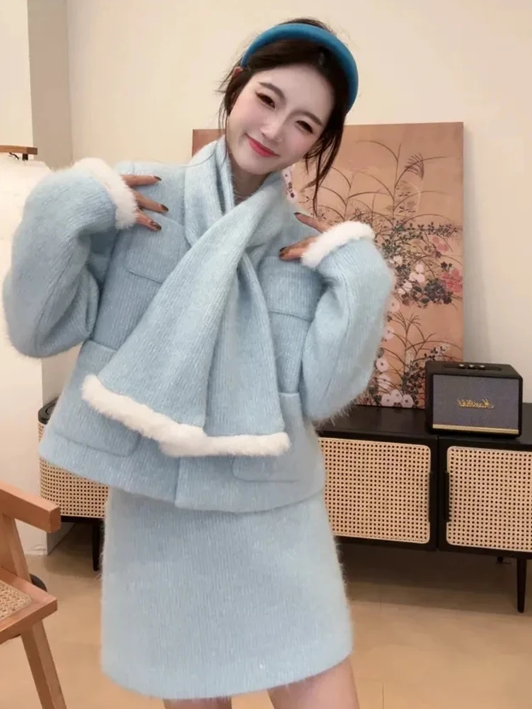 小香风贵气名媛气质高级感蓝色针织套装围巾外套+半身裙两件秋冬