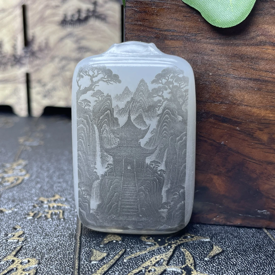 新疆和田玉山水牌羊脂级挂件吊坠 纯手工双面精工雕刻 安居乐业