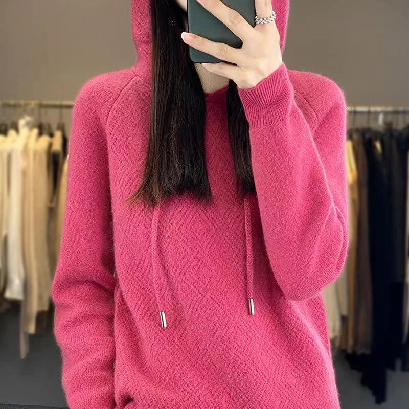 秋冬款菱形连帽针织衫女卫外穿长袖内搭套头纯色帽衫380